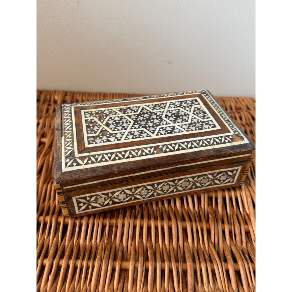 Vintage Khatamkari Wood Jewelry Box Mother of Pearl Bone Inlay Geometric Star